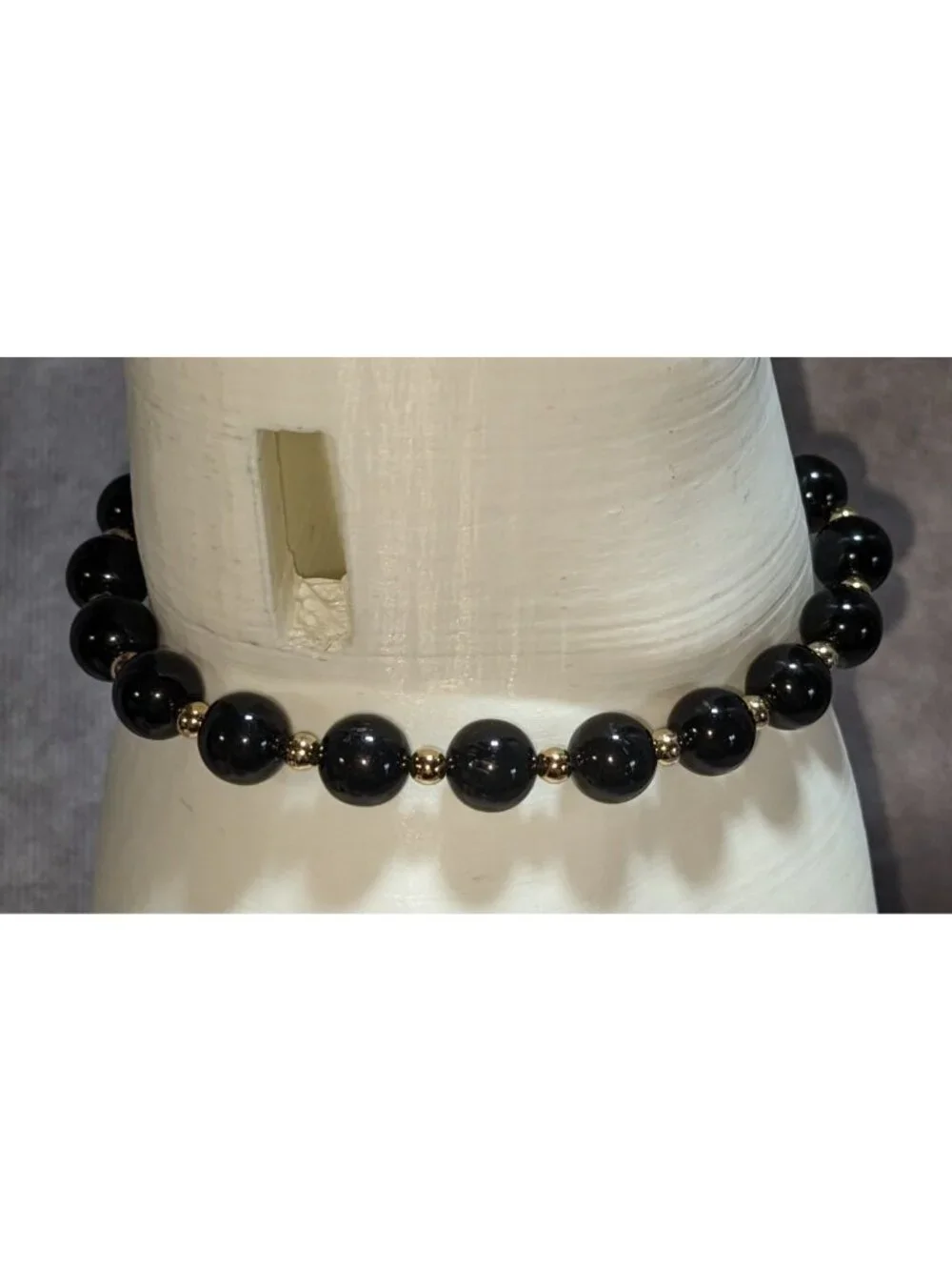 Glam Vintage Monet Black Beaded Bracelet Gold Tone Statement Jewelry